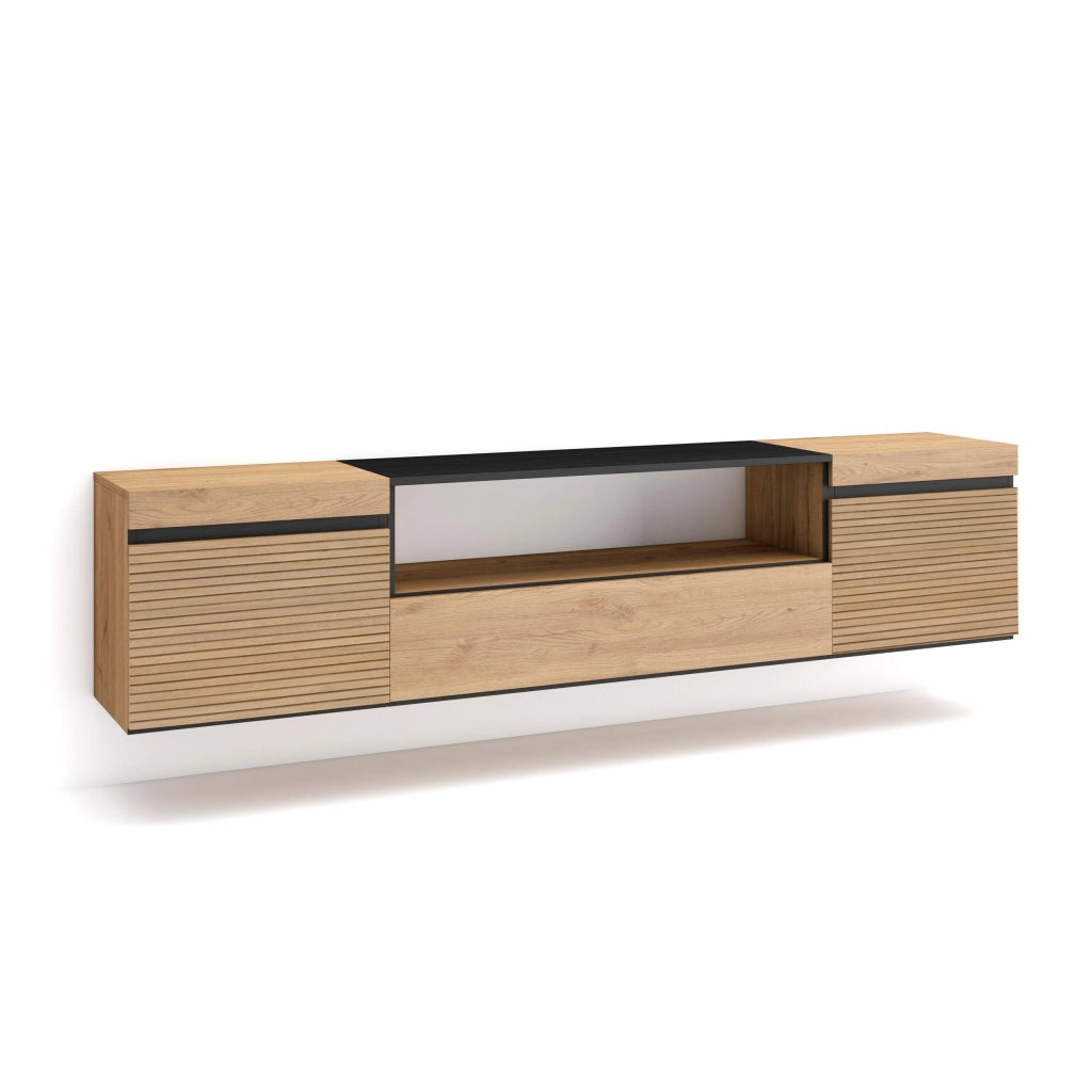 Mobile TV Soggiorno, 200x35x45cm, Per TV fino a 80", da appendere, colore Rovere RF3314