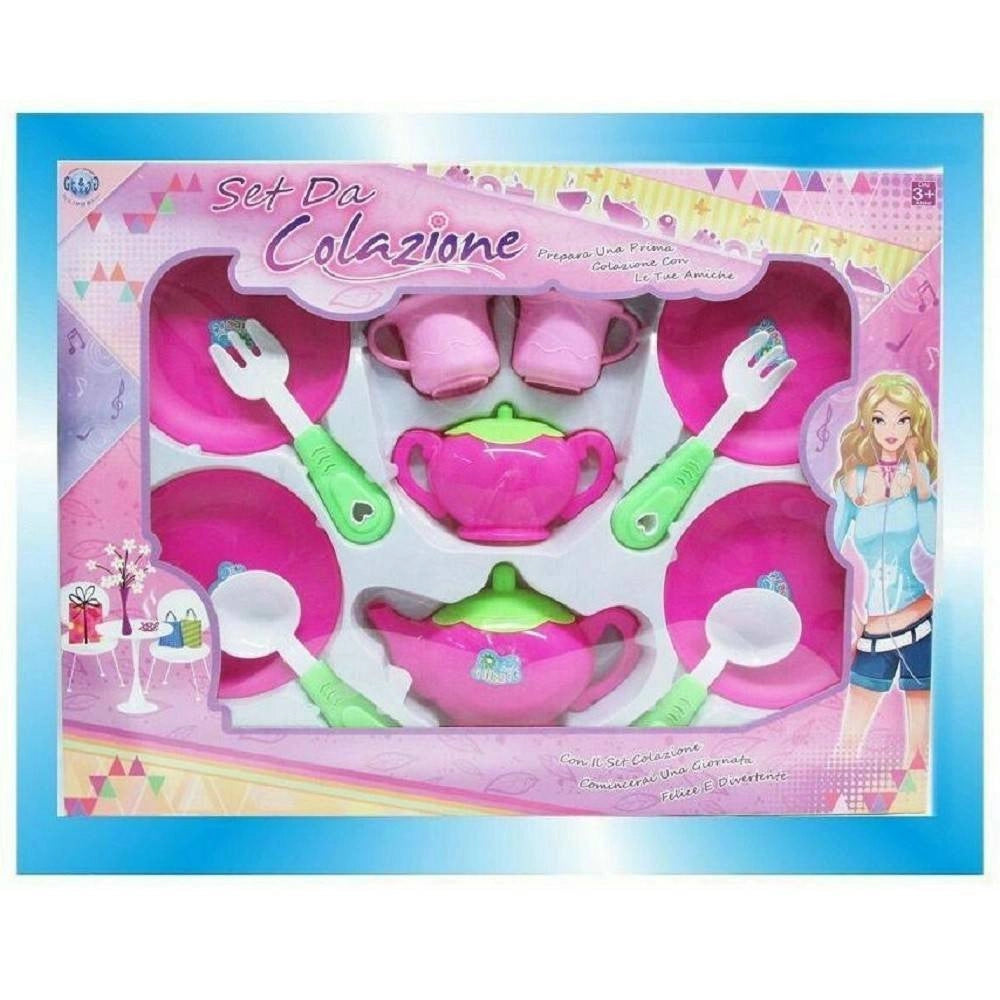 Trade Shop - Set Da Colazione Con Teiera Piattini Tazzine Posate Giocattolo Gioco Bambina -