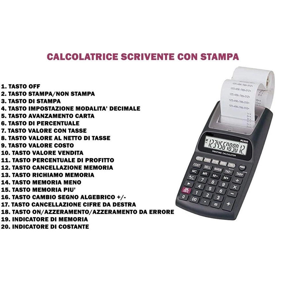 Trade Shop - Calcolatrice Scrivente Con Display Lcd 12 Cifre Scontrino Stampato Non Fiscale -