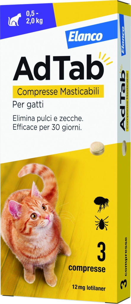 Elanco ANTIPARASSITARIO COMPRESSA MASTICABILE AdTab x gatti 0,5÷2,0 kg. (cf. 3 compr. da 12 mg)