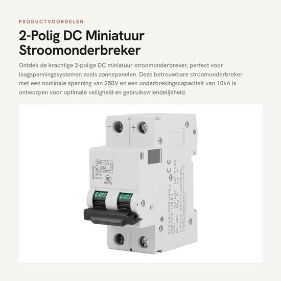 Interutente - Interruttore di Corrente Miniatore a Due Poli DC - Bassa Tensione - Alta Risposta - 250V 40A - Adatto per Pannelli Solari - Montaggio su Rail DIN