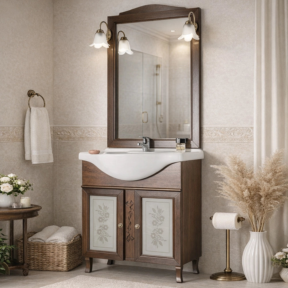 Mobile Da Bagno Noce Completo Modello Giada Ante Vetro 75cm Legno con Specchio
