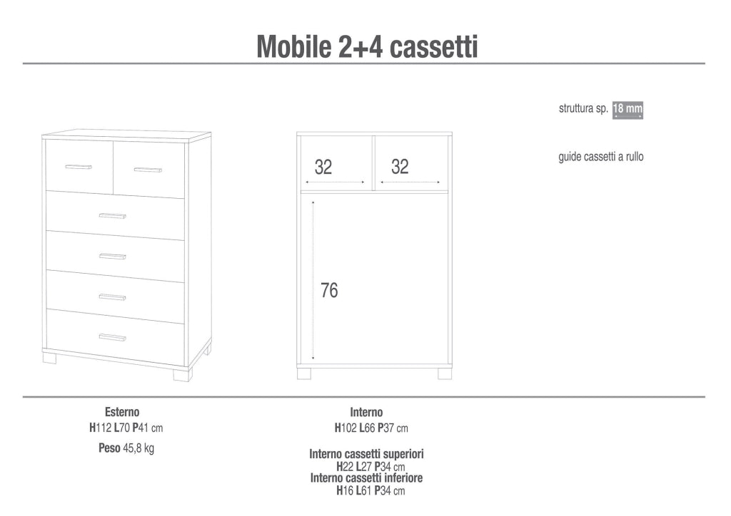 Mobile 4+2 Cassetti 70x112x41 cm Cemento
