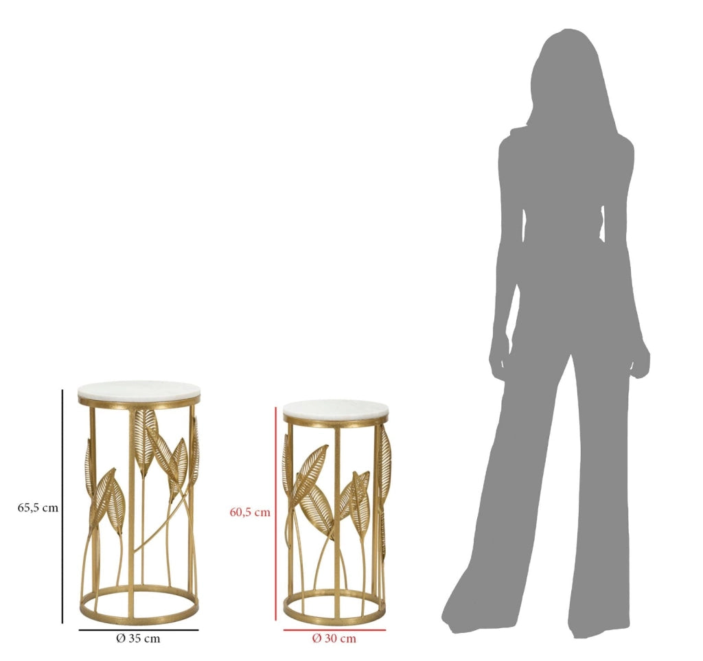 Set 2 Tavolini Leaf Ø35 cm e Ø30 cm in Ferro e MDF Oro