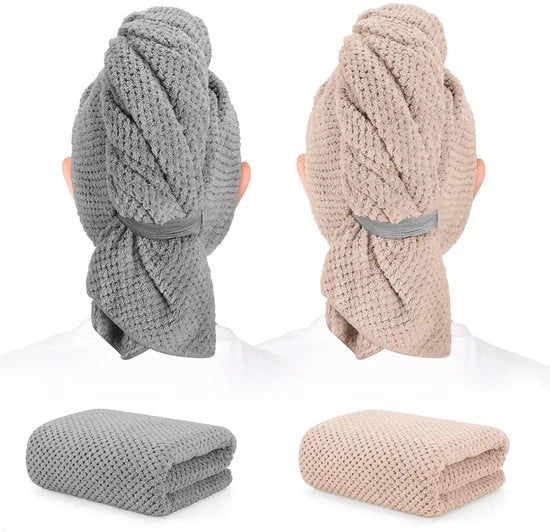 Set di 2 Coperte Capelli Microfibra - 40 x 24 Pollici Super Flessibili - Assorbenti - Veloci e Senza Pelo - Coperte Capelli per Donne con Capelli Lunghi, Densi e Ricci - Turbanti con Cintura Elastica