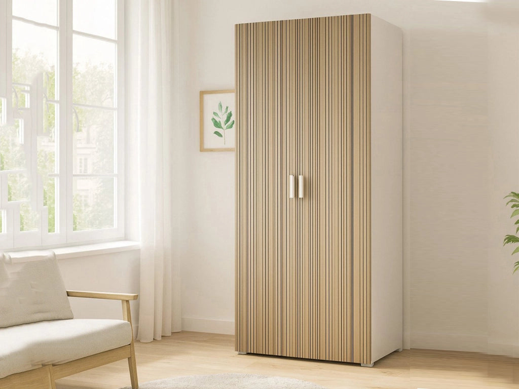 Armadio Camera da Letto Nigella, Guardaroba 2 Ante Appendiabiti Made in Italy, 52.00x180.00h cm Bianco Rovere Rigato