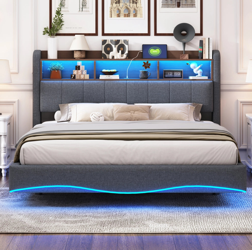 Letto imbottito sospeso 160 x 200 cm con LED, USB e Type-C grigio