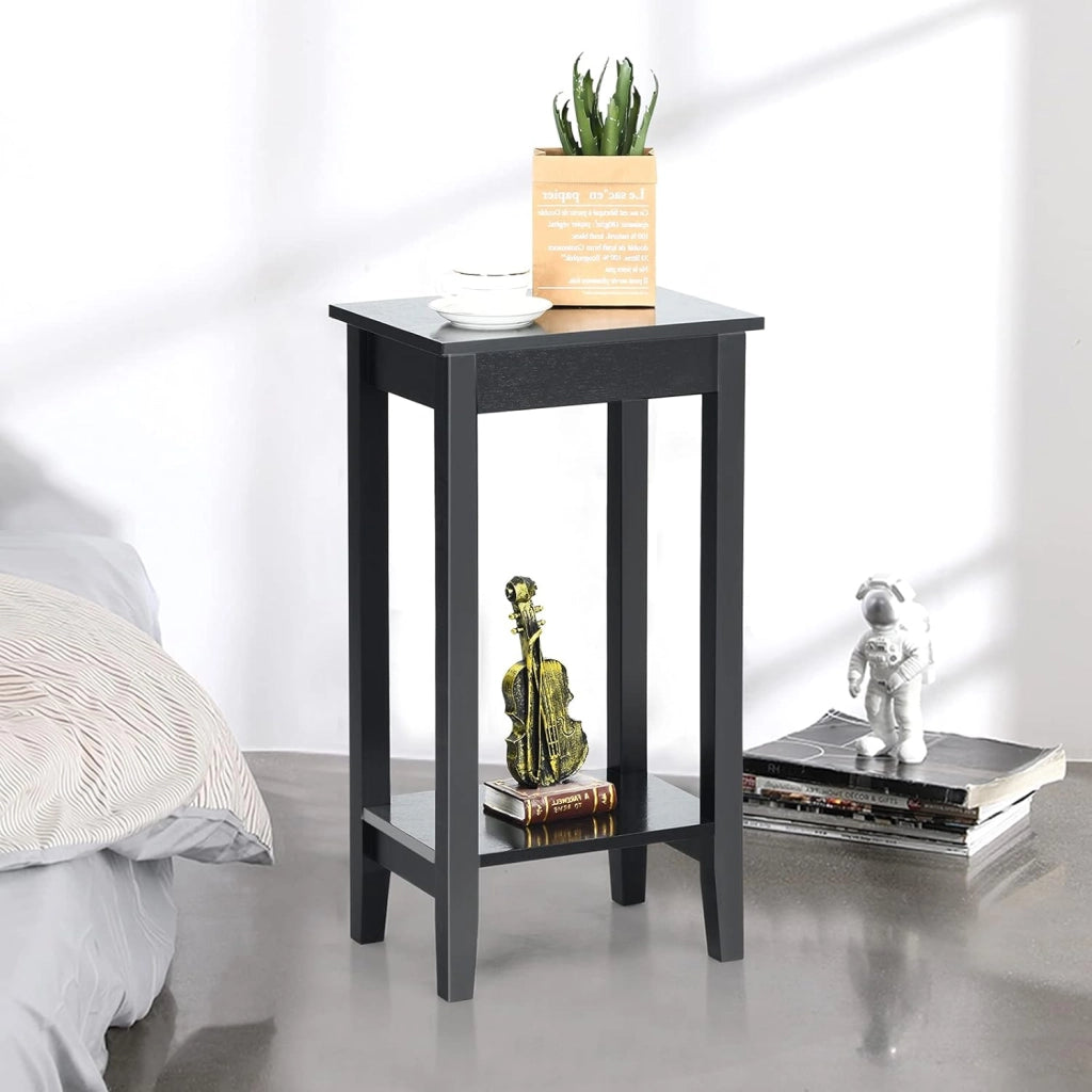 Tavolino da Salotto Alto a 2 Livelli Aperti, Tavolino Comodino in Legno di Pino Massicio, Tavolino Moderno Portaoggetti per Soggiorno e Camera da Letto, 40 x 30 x 73,5 cm (1, Nero)