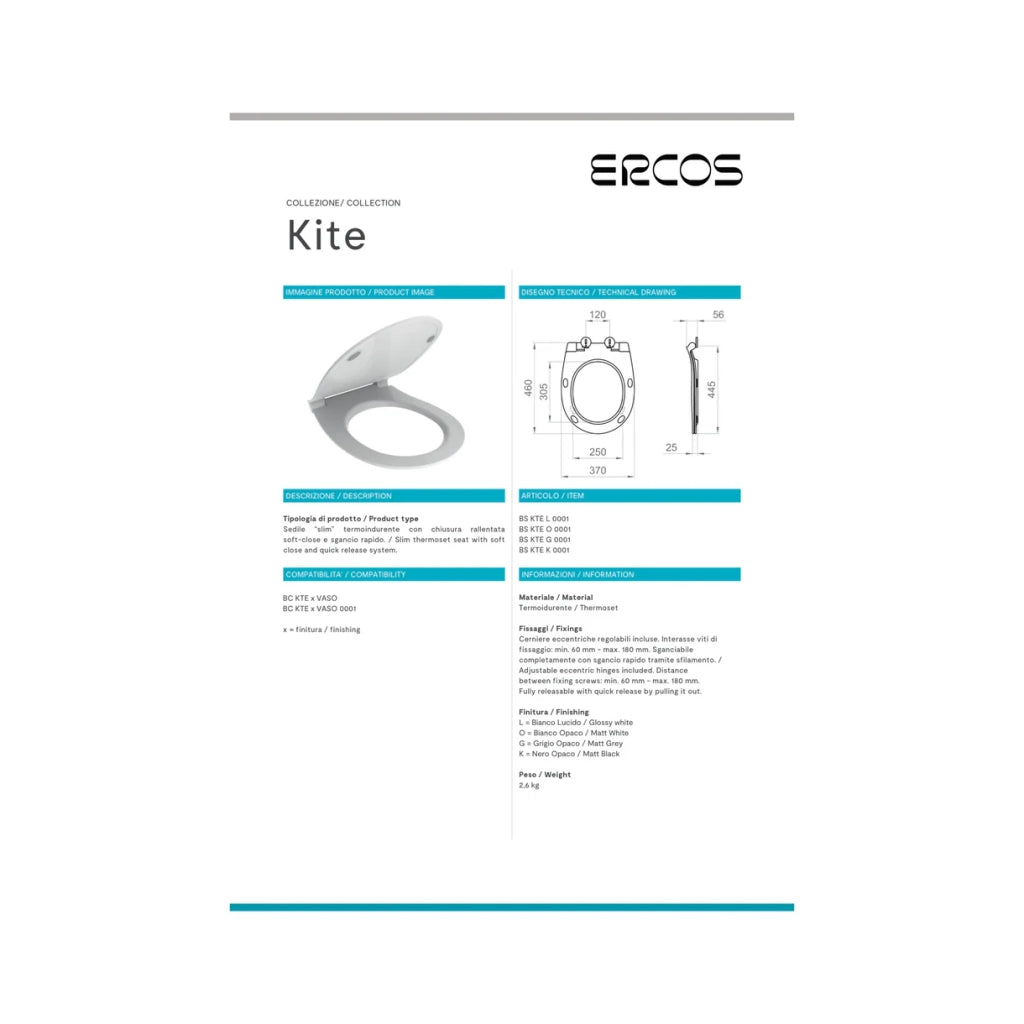 Copriwater Soft-Close Ercos "Kite" Bianco Opaco
