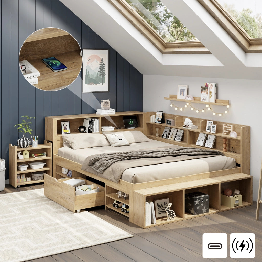 Letto per bambini con funzioni integrate in compensato naturale 140x200 cm
