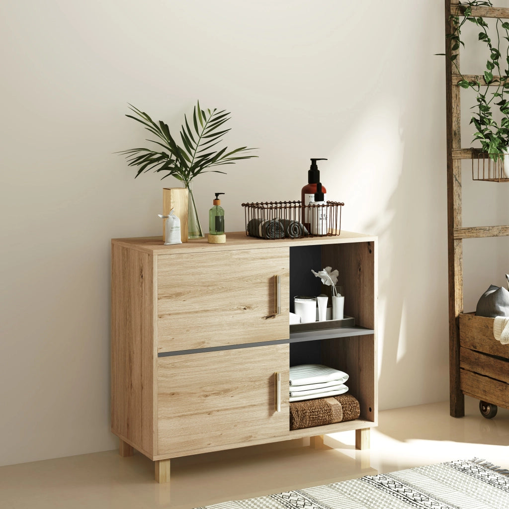 Mobile da bagno con ripiani e ante ¨C Minimal ¨C legno naturale 80x35x70