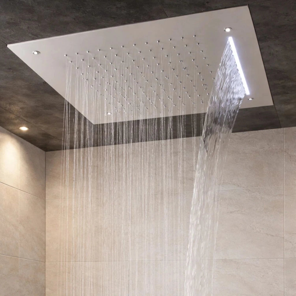 Soffione doccia led a soffitto installazione da incasso con cascata acciaio inox quadro
