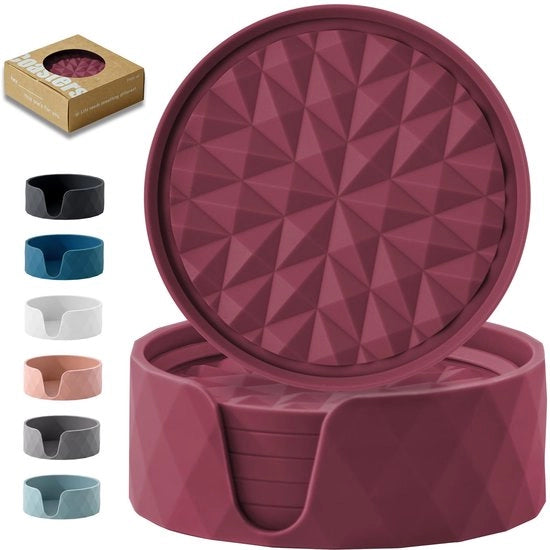 Onderzetters in silicone con cassetta di 6 pezzi - Onderzetters con contenitore per protezione del piano da tavolo - Antiscivolo, non adesivo, decorazione per tavolo da salotto, rosso