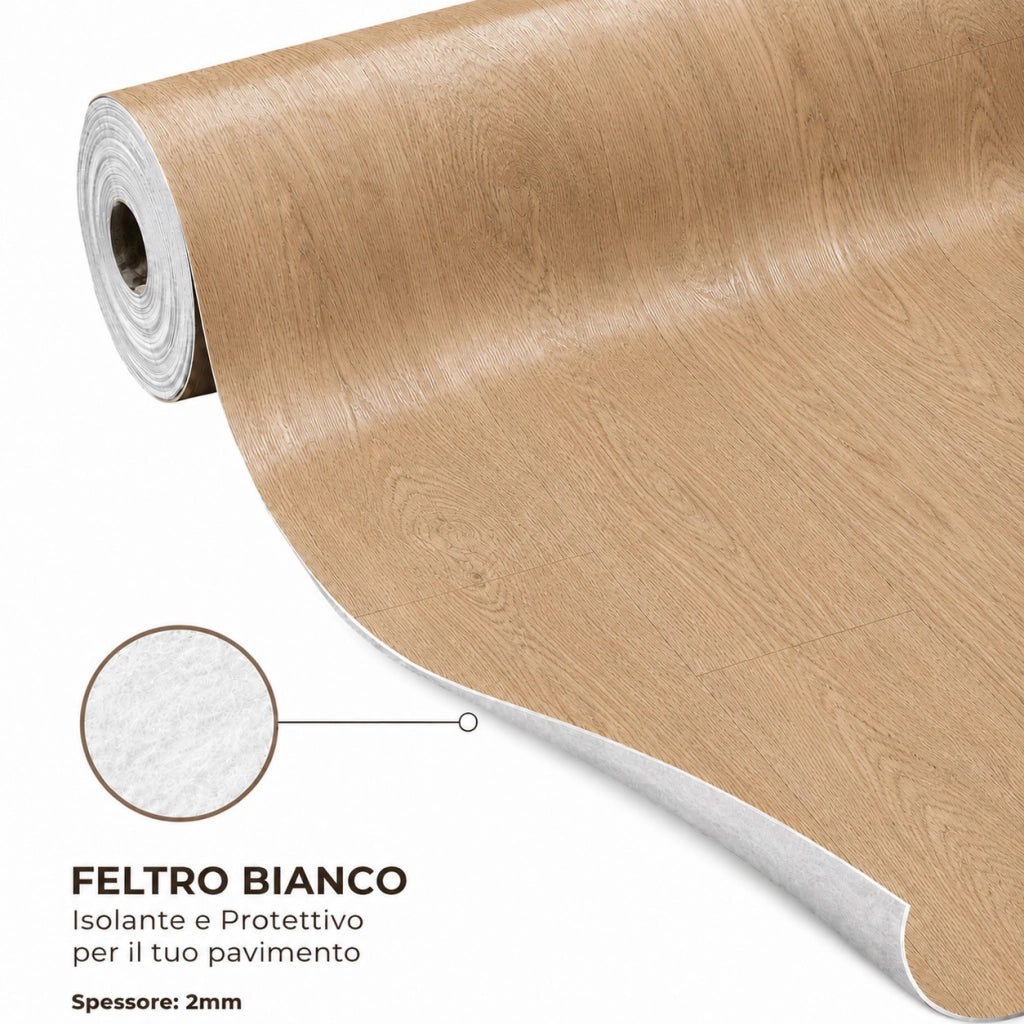 2 x 15 m (30 m²) Pavimento Vinilico a Rotolo Effetto Legno Frassino Dorato – Spessore 2 mm con Feltro Fonoassorbente