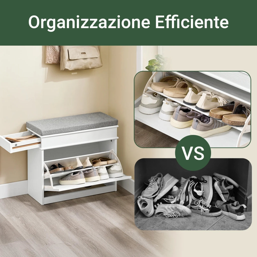 SoBuy FSR82-K-WG Scarpiera Salvaspazio Slim con Seduta Panca Scarpiera da Ingresso Contenitore in Legno Mobile Scarpiera Ingresso per Scarpe, 61x24x51cm Effetto Legno Invecchiato Bianco
