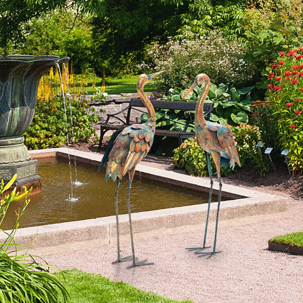 Set di 2 statue di gru da giardino con struttura in metallo, Statue di scultura di gru in piedi per cortile-Decorazioni da giardino