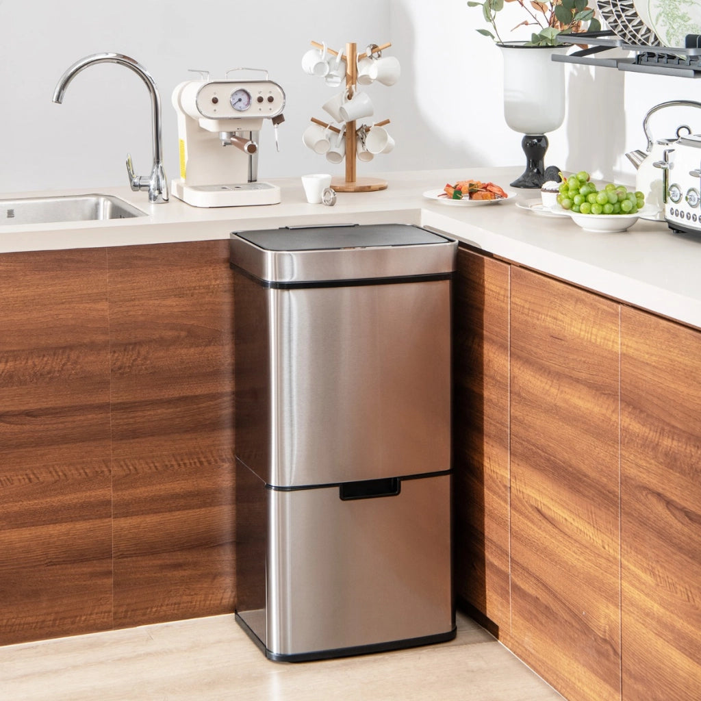 Cestino per rifiuti in acciaio inox 72L, Bidone della spazzatura da cucina con sensore di movimento 2 cestini Argento-Organizzazione della cucina