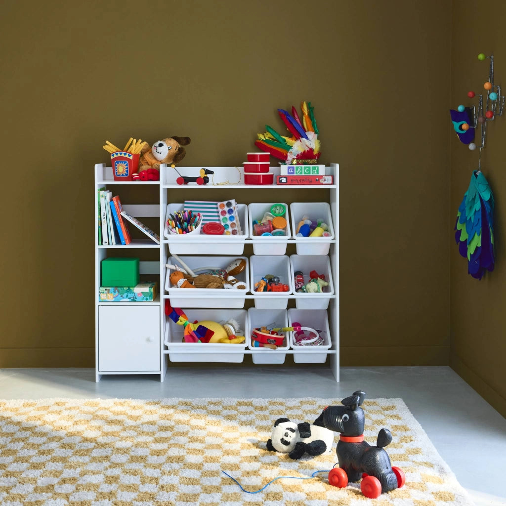 Contenitore per bambini con 9 contenitori, 4 ripiani, 1 anta, bianco