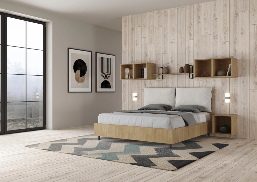 BS COM Letto matrimoniale senza rete 160x190 Quercia cuscini similpelle bianco