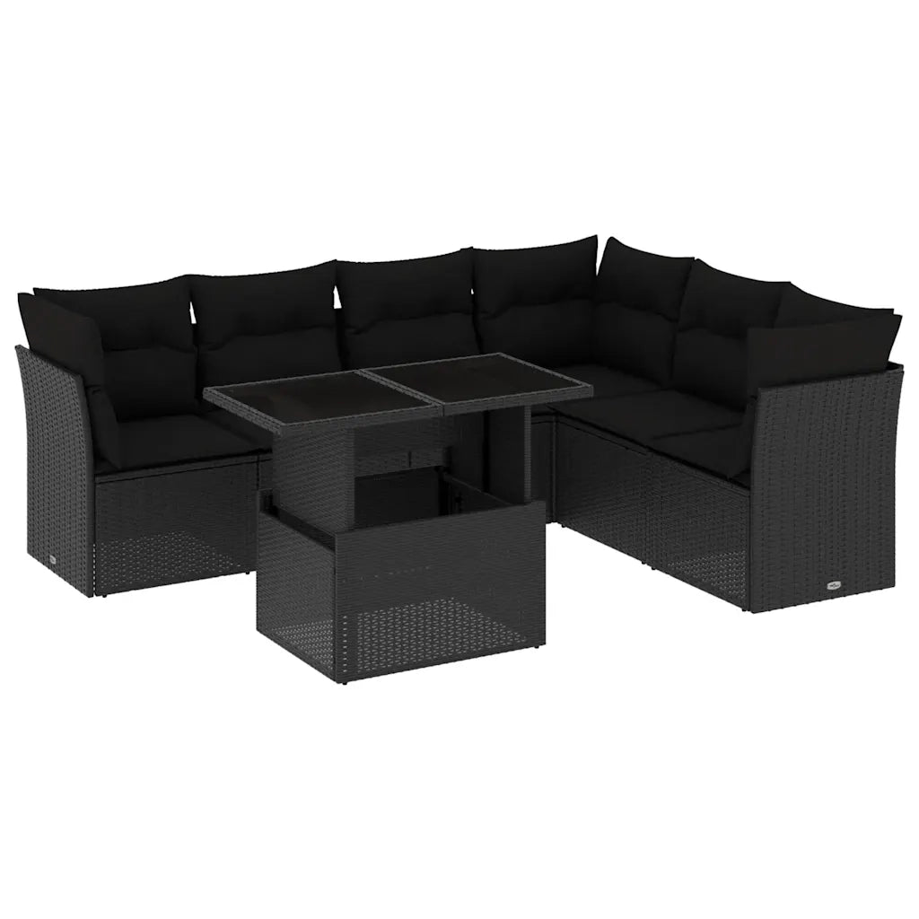 Set Divani da Giardino con Cuscini 7pz Nero Polyrattan