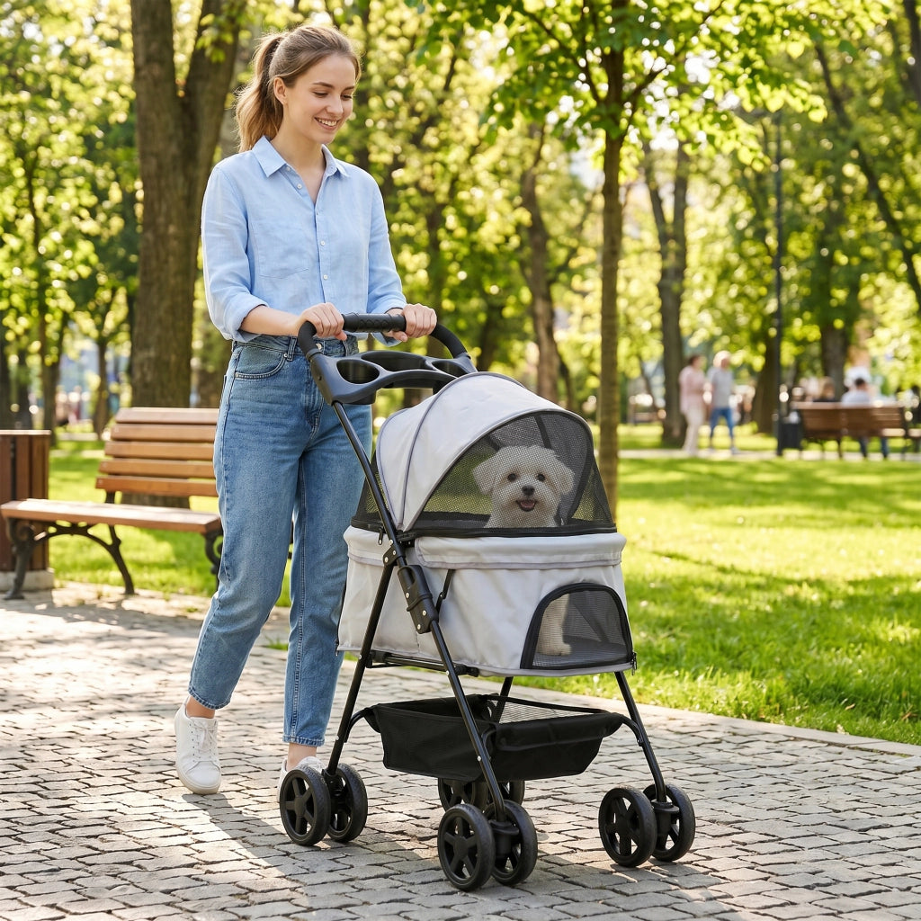 Carrello per Cani Piccoli con Ruote, Cestino e Finestra ¨C Minimal ¨C Grigio 67x45x96 cm