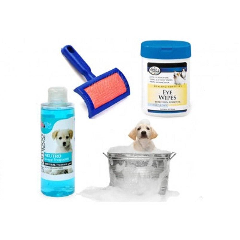 Trade Shop - Kit Pulizia Cani Shampoo Neutro Salviettine Spazzola Cardatore Lavaggi Frequenti -