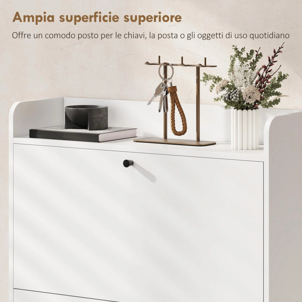 Scarpiera Slim Salvaspazio ¨C Xylo ¨C Legno e Metallo Bianco 2 Cassetti a Ribalta 80x24x101 cm