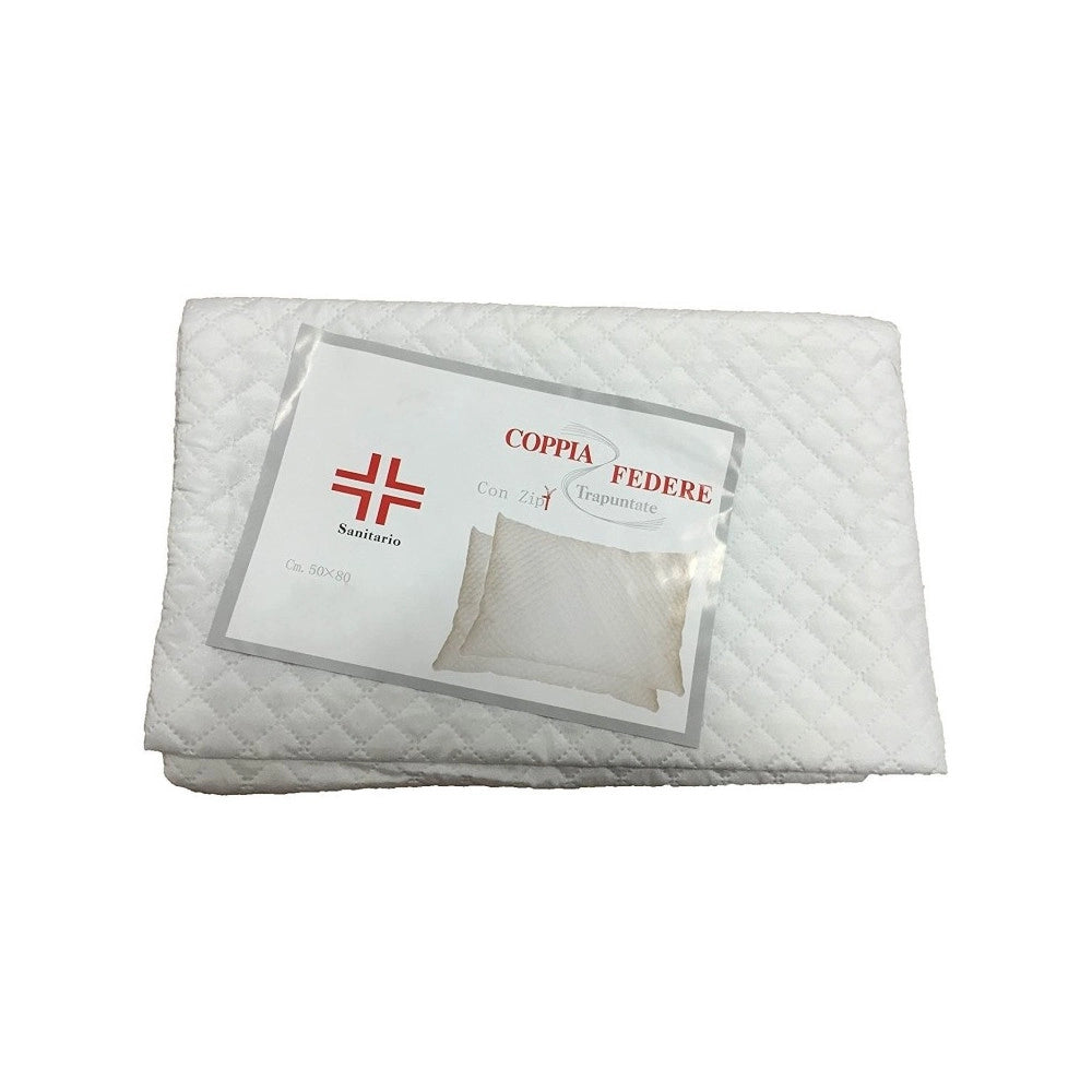 Trade Shop - Coppia Copricuscino Trapuntato Federe Cotone Sanitario Traspirante Cerniera Zip -