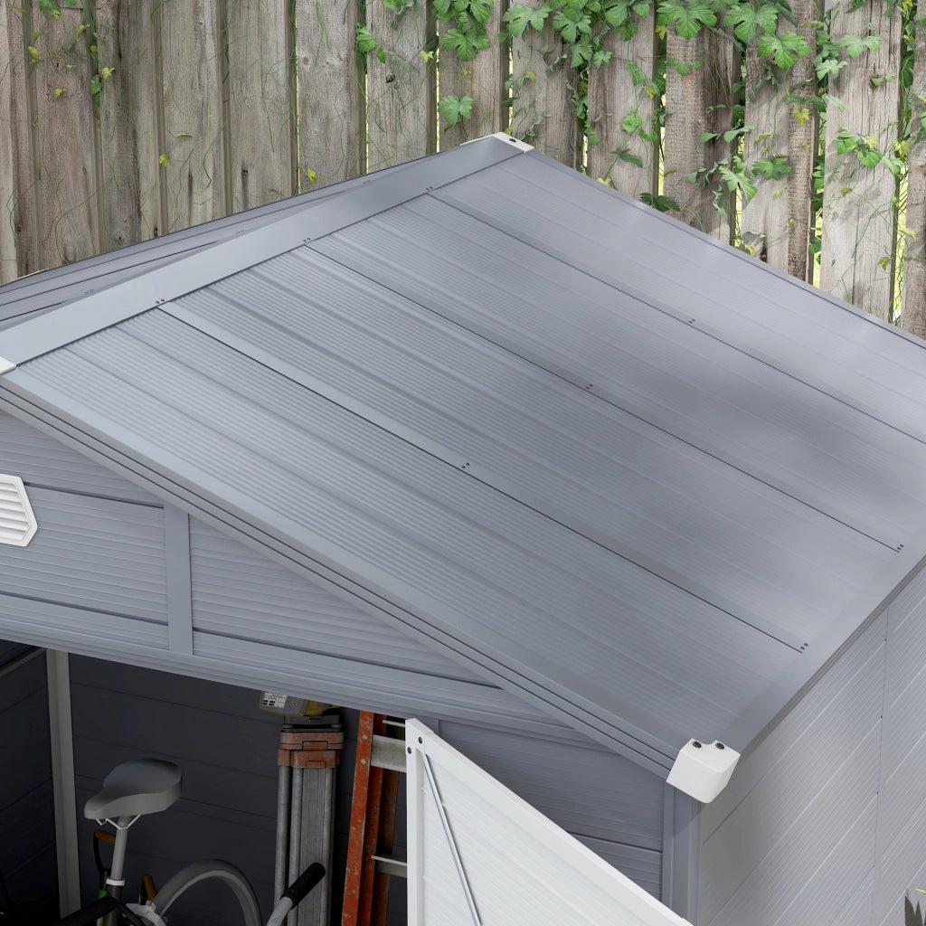 Capanno da giardino 4;1 m3; capanno da giardino con tetto monofango; 240 x 190 x 180/228 cm; capanno per attrezzi con porta chiudibile a chiave; finestra; garage per biciclette; armadietto in alluminio; per giardino; giardino; grigio