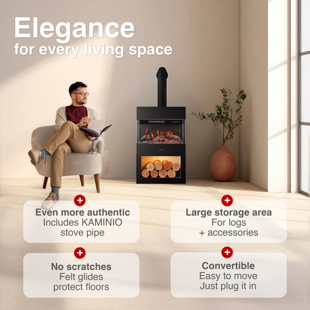 KAMINIO Camino elettrico HENRI con tubo del camino - Stufa elettrica riscaldamento, fiamma 3D, luce ambiente, scomparto de legno, telecomando - Nero