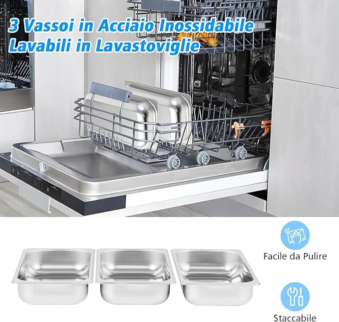 9 L Scaldavivande Elettrico Portatile, 2 in 1 Vassoio Riscaldante Elettrico con Controllo della Temperatura, Scalda Vivande in Acciaio da 450W con 3 Vassoi, per Buffet Feste
