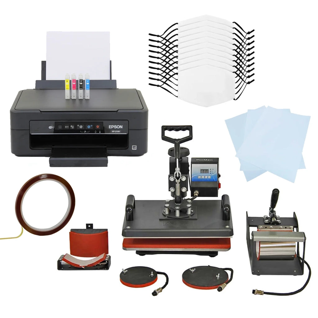 Kit Sublimazione Pressa a Caldo - 5 in 1 & Stampante a Cartucce & 10 Mascherine