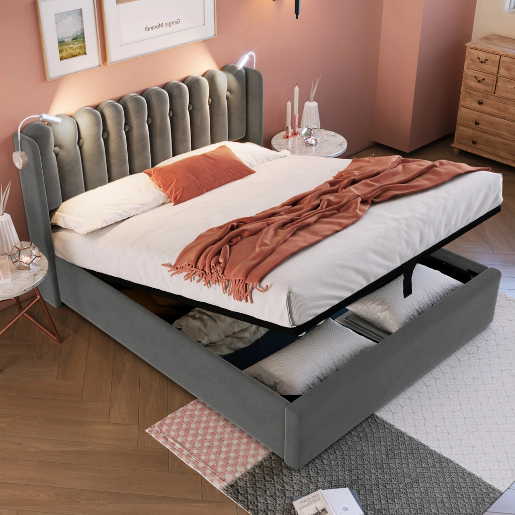 Letto matrimoniale – 160x200 cm – luce USB contenitore – velluto grigio