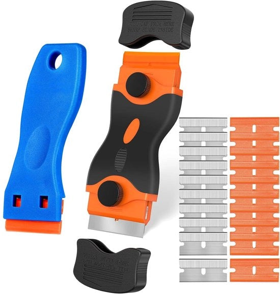 Schrappatore con doppia testa - Plastic Schraper - Lame in plastica/Faccia in acciaio inossidabile - Cucina/Schrappatore per vetro - Rimuovi residui difficili - Funzione di cambio rapido - Kit di pulizia