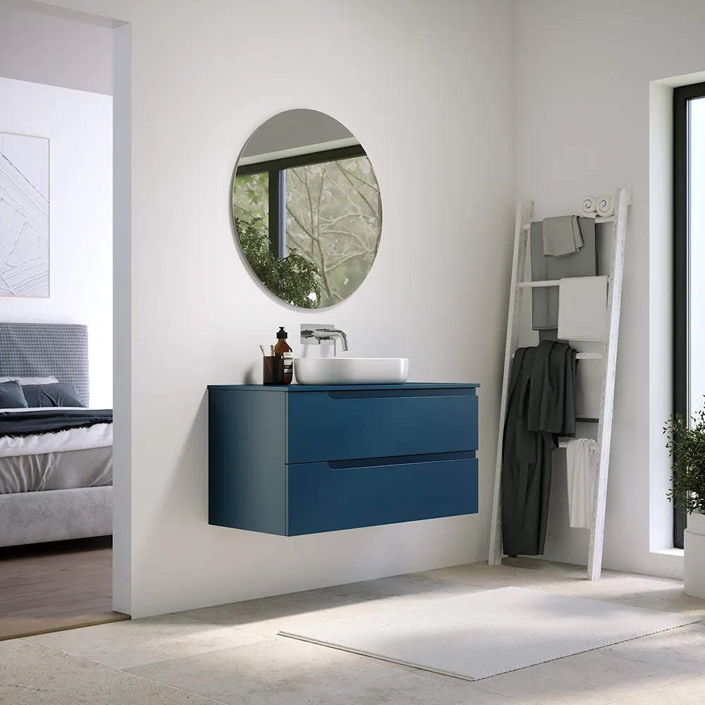 Mobile bagno sospeso 90 cm due cassetti blu zaffiro opaco con top | Ardenne