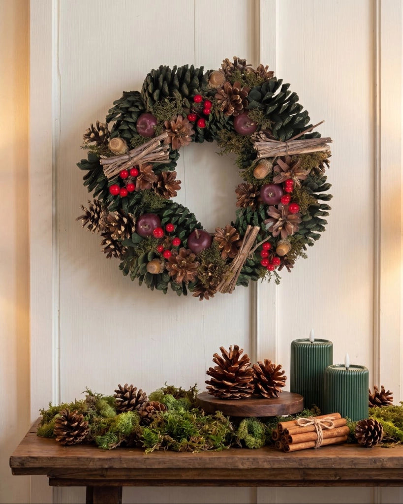 Corona Di Natale Verde Materiale Sintetico Legno Pigne Design Tradizionale Rotondo 35 cm
