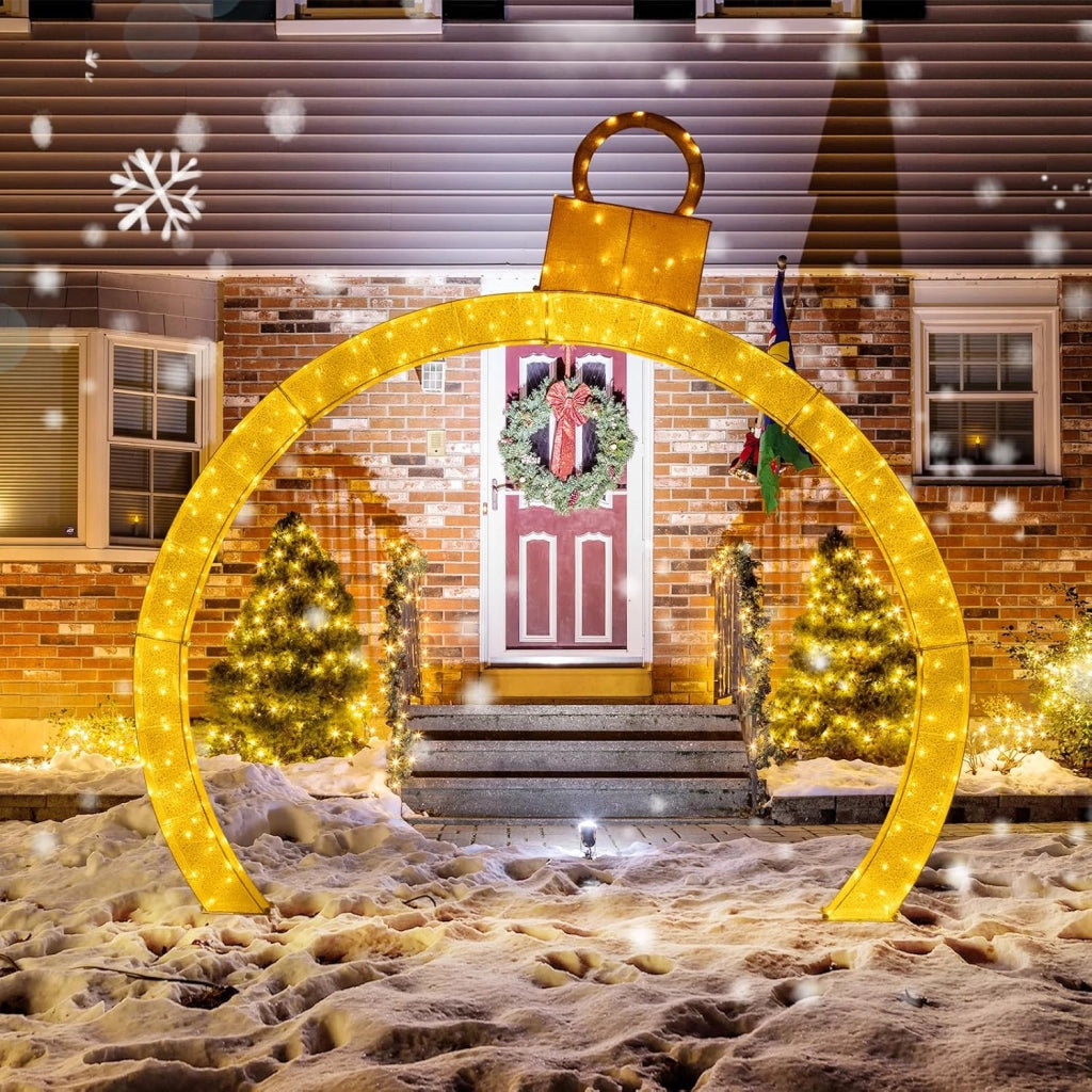 Arco di Natale Pre-Illuminato di 313 cm, Arco Festivo Illuminato con Cappello Ornamentale Dorato, 300 Luci LED Bianche Calde, Decorazione Natalizia per Giardino, Negozio e Cortile