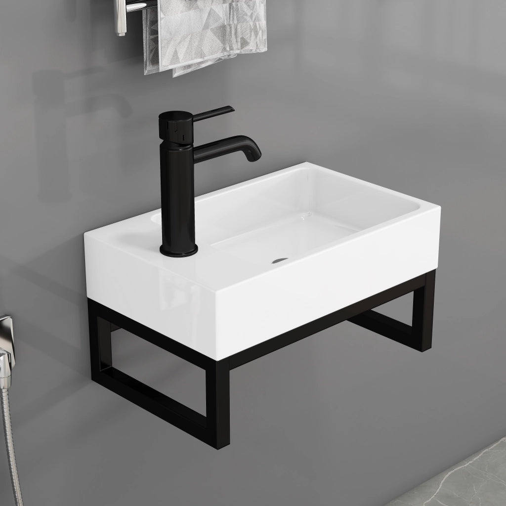 Lavabo sospeso compatto con telaio in metallo e troppo pieno premontato per bagno e WC ospiti 40 × 21 × 25 cm