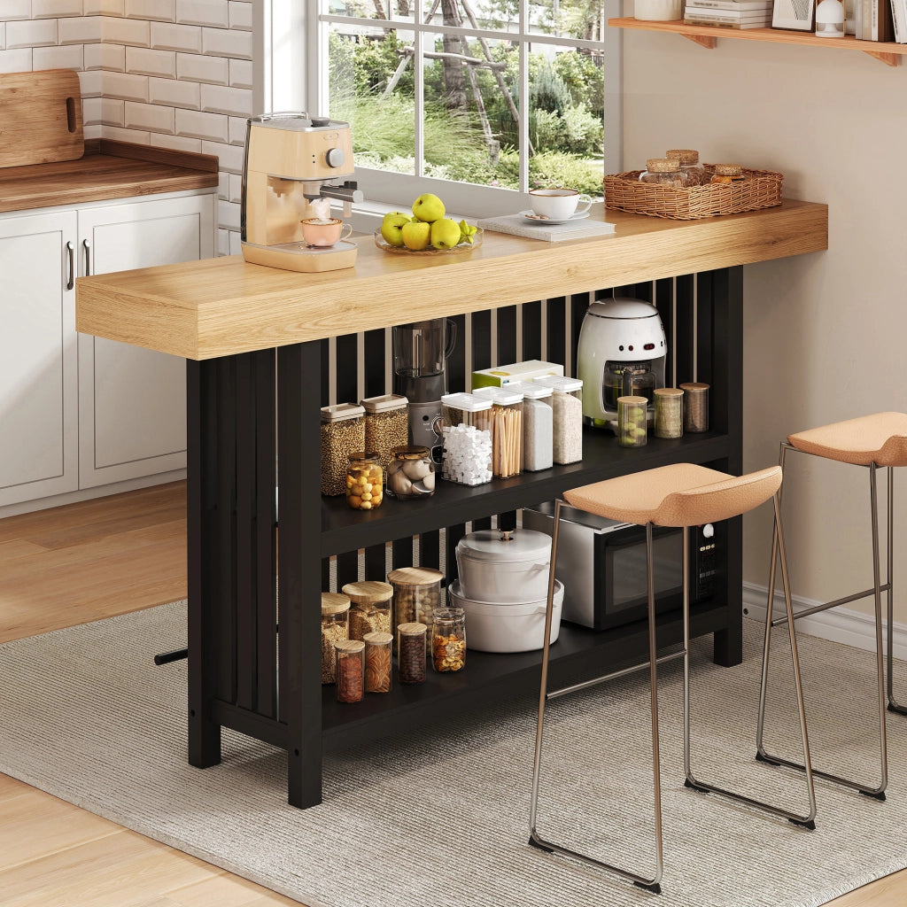Tavolo alto con ripiani a 2 livelli e poggiapiedi in MDF nero per cucina e zona pranzo 160 × 40 × 105 cm