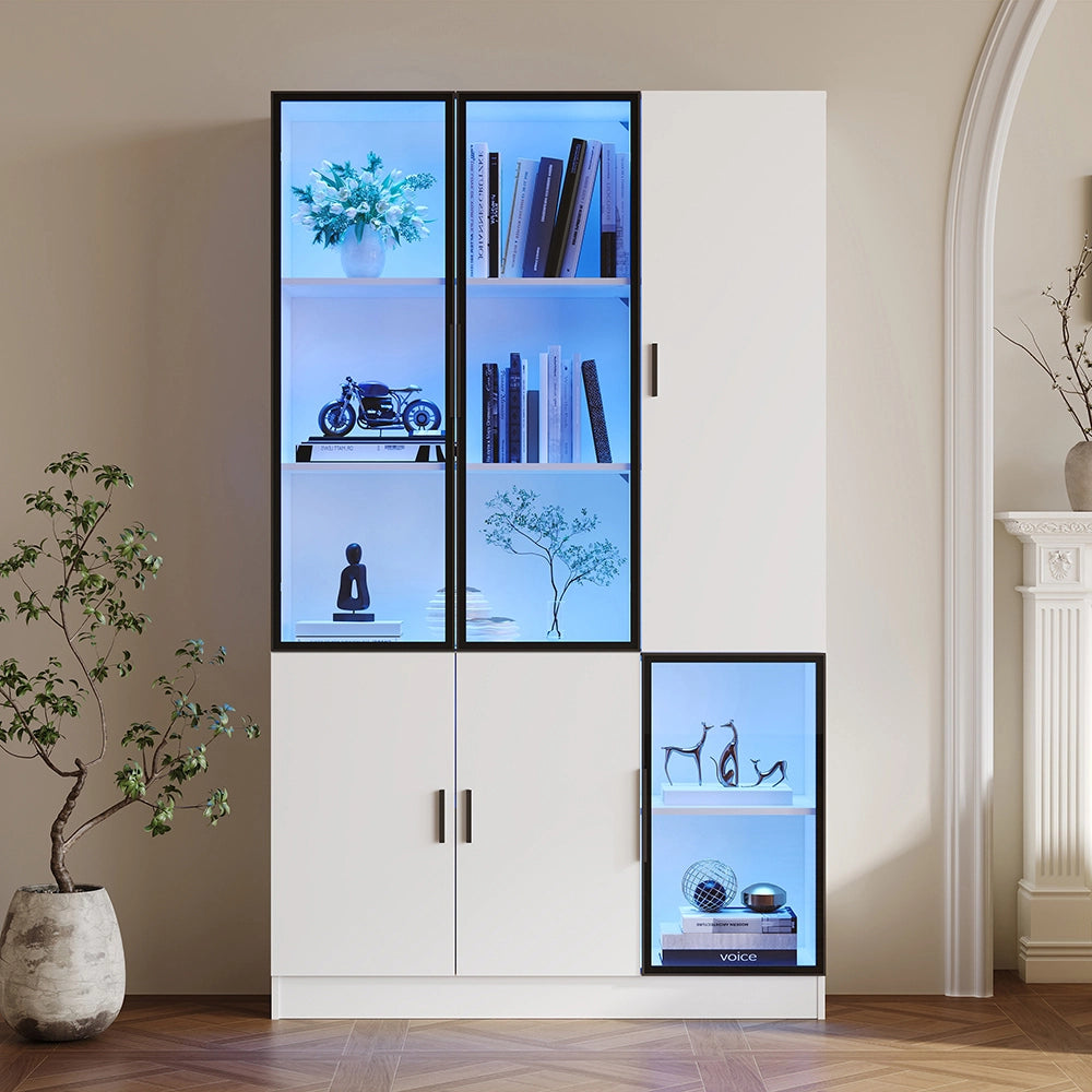 Vetrina libreria 120x35x200 cm con LED - Xylo - ante in vetro, struttura alluminio, per collezioni, soggiorno