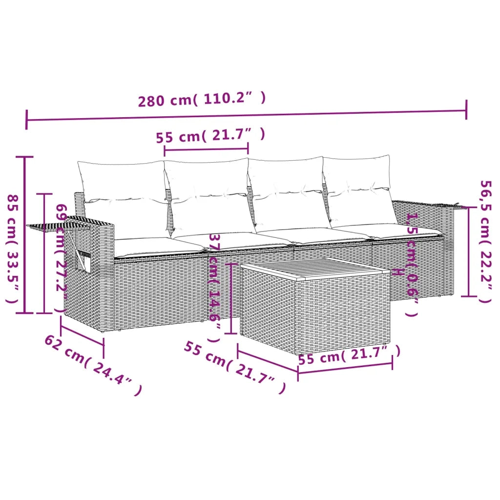 Set Divani da Giardino 5 pz con Cuscini in Polyrattan Nero 3224438