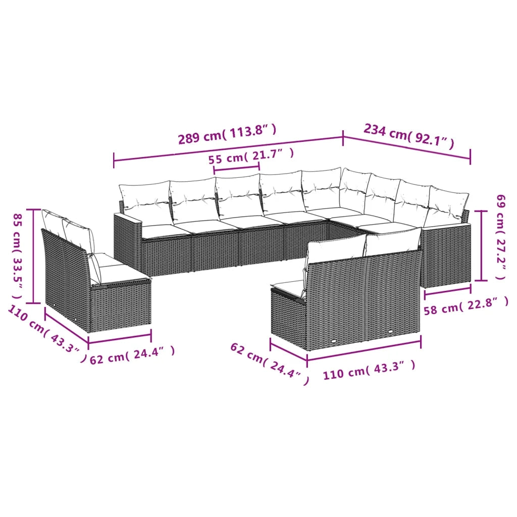 Set Divani da Giardino 12 pz con Cuscini Beige in Polyrattan 3258873