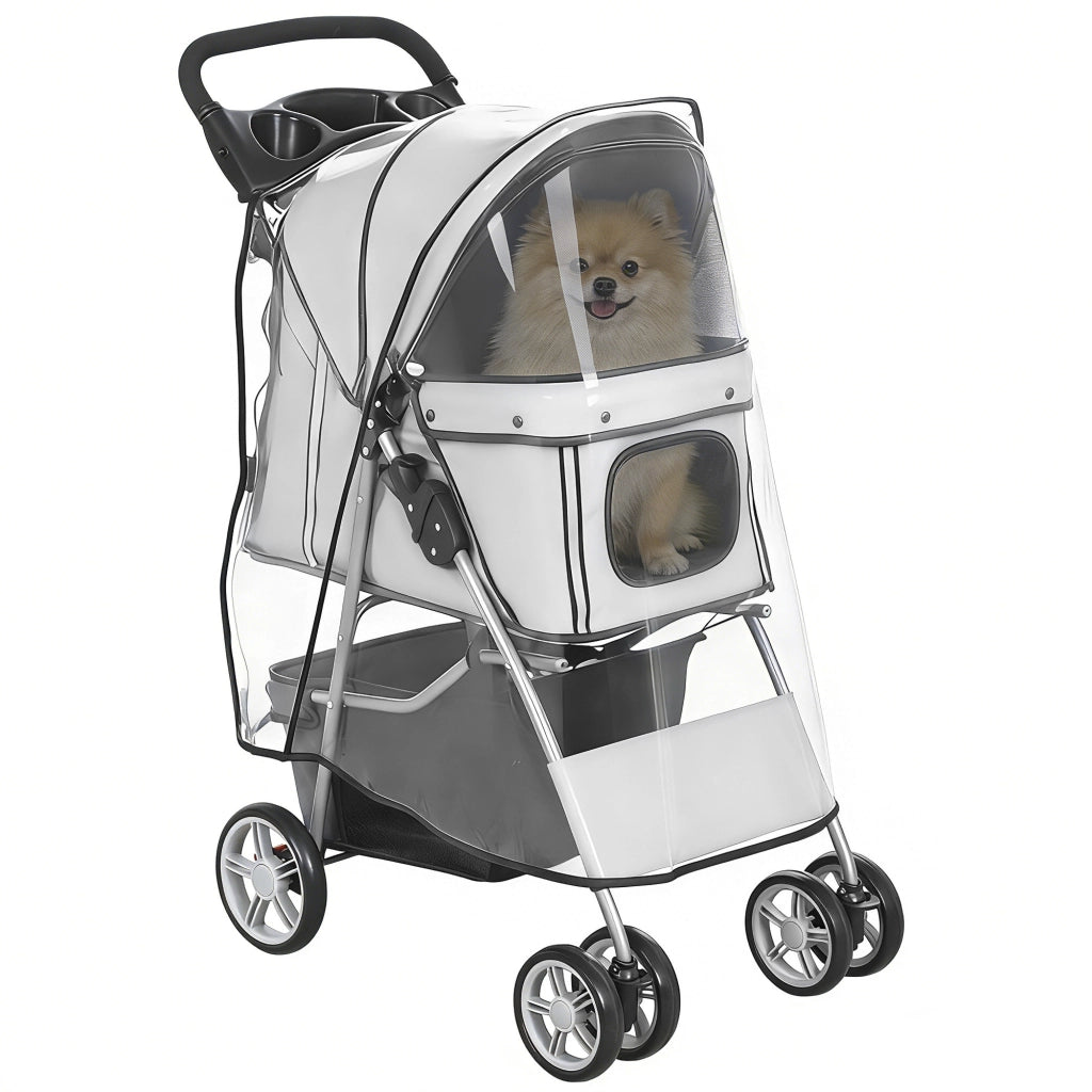 Passeggino per Cani Pieghevole con Copertura Antipioggia, Ruote Girevoli e Cuscino Lavabile, Grigio