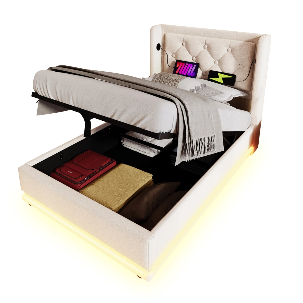 Letto singolo idraulico – 90x200 cm – USBC LED 3 lati – cotone beige