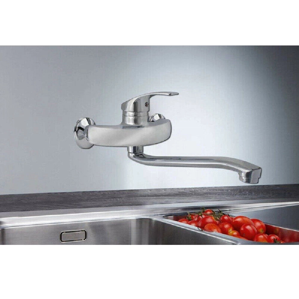 Trade Shop - Rubinetto A Parete Miscelatore 2 Fori A Muro Per Lavello Da Cucina Cromato 52335 -