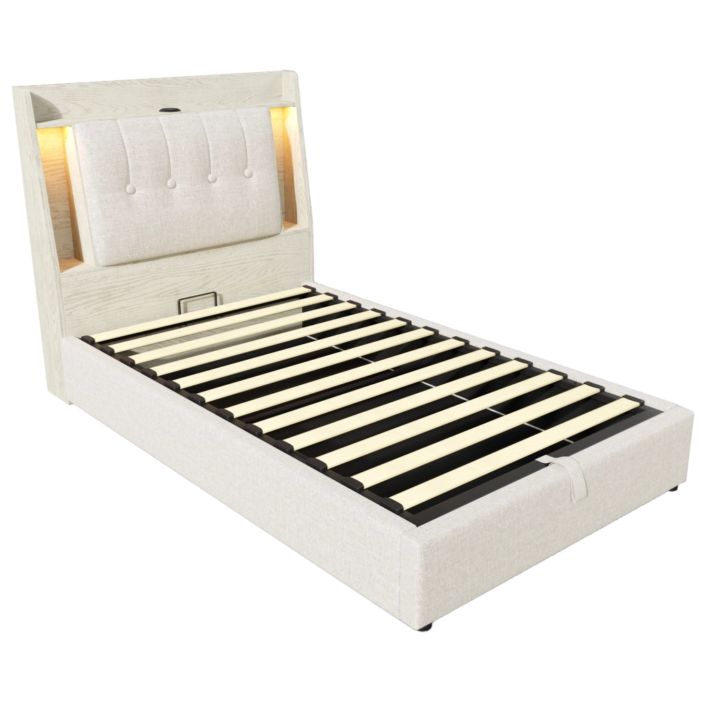 Letto singolo imbottito 90x200cm con ricarica LED e USB C in lino beige