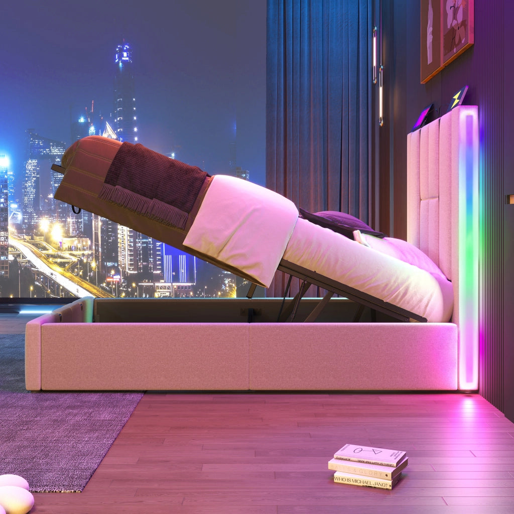 Letto singolo LED – 90x200 cm – USBC APP contenitore – lino beige