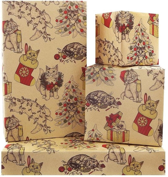 Pacco da regalo per gatti - 4 fogli carta da imballaggio - carta da regalo per festa di compleanno - carta decorativa per Natale - carta da regalo per bambini - ideale per gli amanti dei gatti