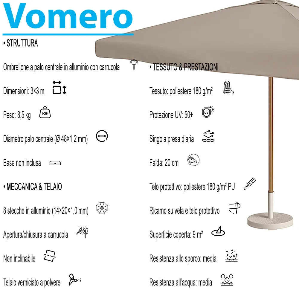 Ombrellone 3x3 per esterni Vomero - Beige/Legno Rovere
