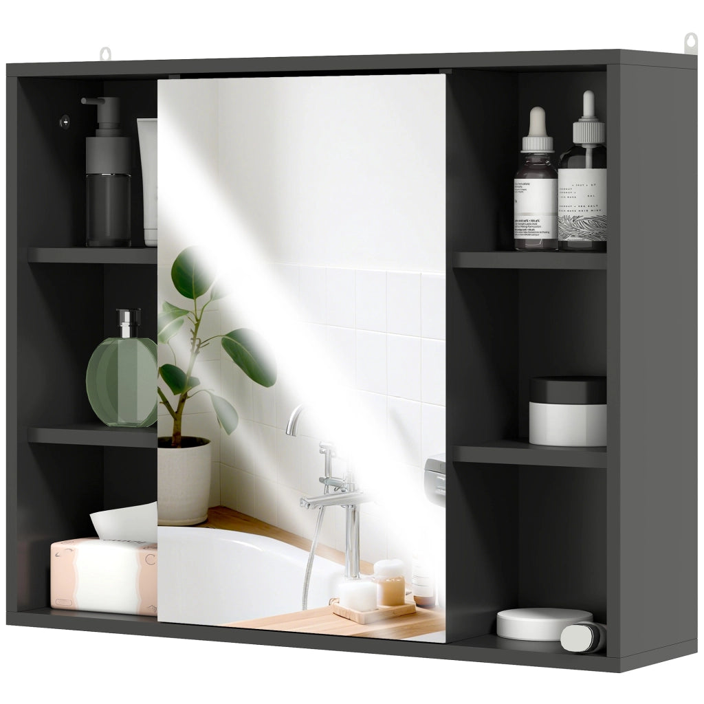 Mobiletto da bagno con specchio, ante e 6 scomparti aperti ¨C Minimal ¨C Nero 60x14.5x49.4 cm